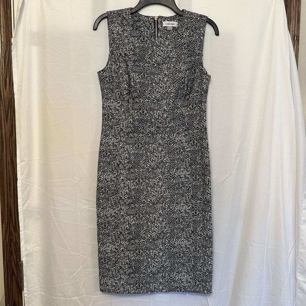 Calvin Klein Dress 8 Black White Snake Sleeveless‎ Gold Zipper Modern Career